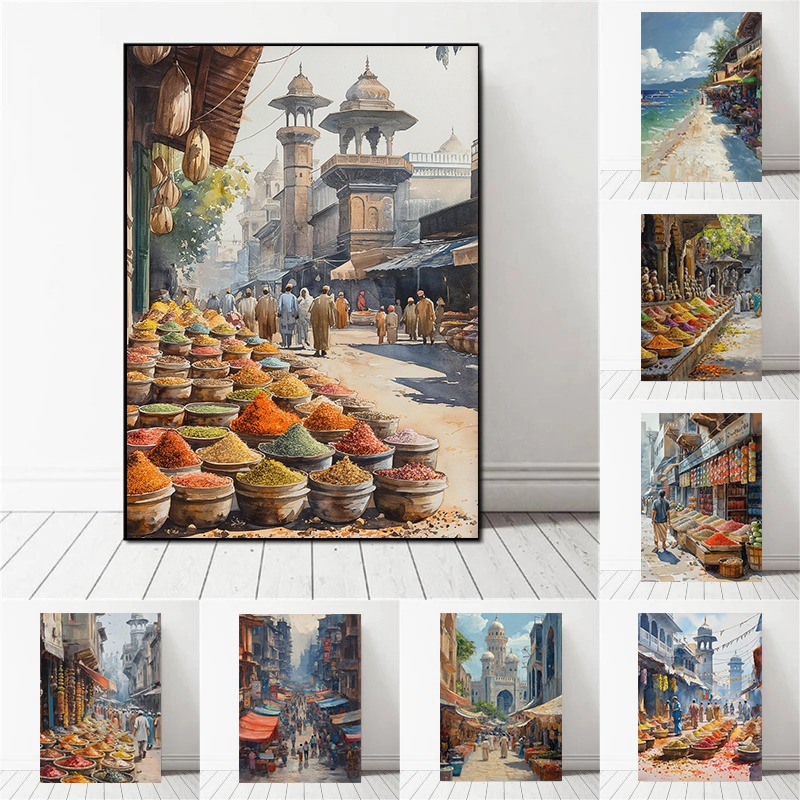 Lukisan Cat Air Pasar Jalanan  - Home Decor Karachi ulasan dan harga