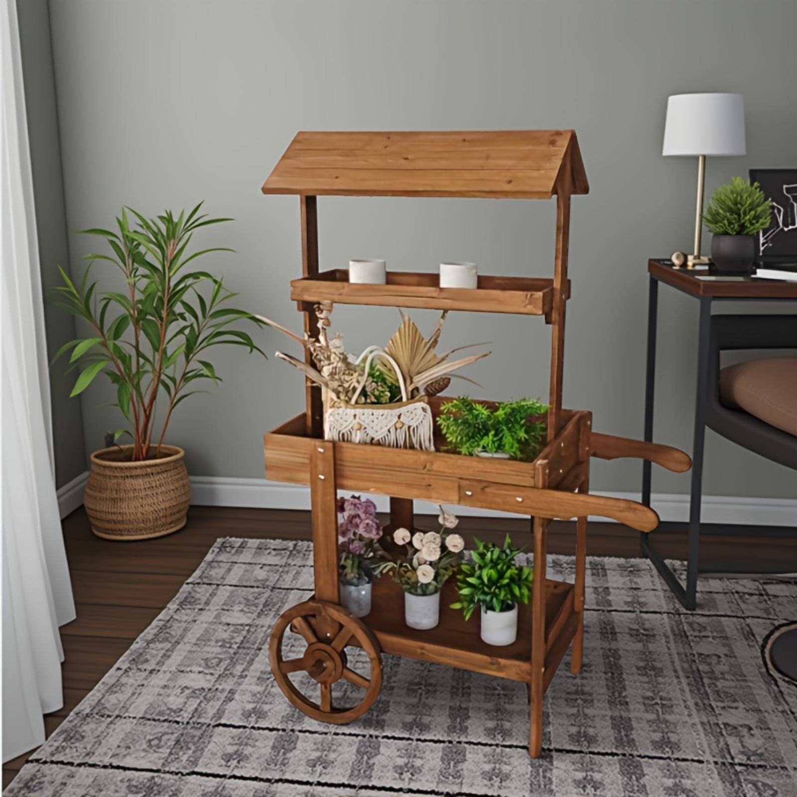 Troli Bunga Kayu Roda Dekorati - Home Decor Flowers ulasan dan harga