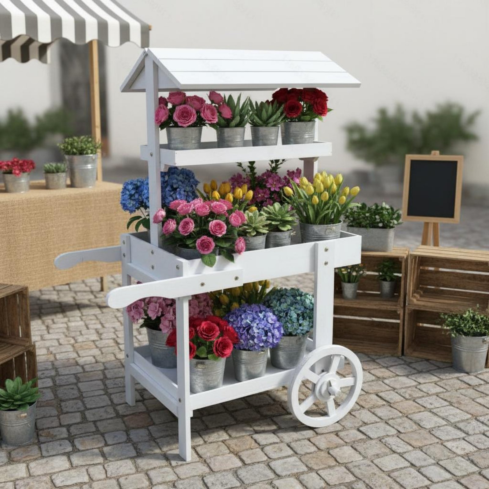 Troli Bunga Kayu Roda Dekorati - Home Decor Flowers ulasan dan harga
