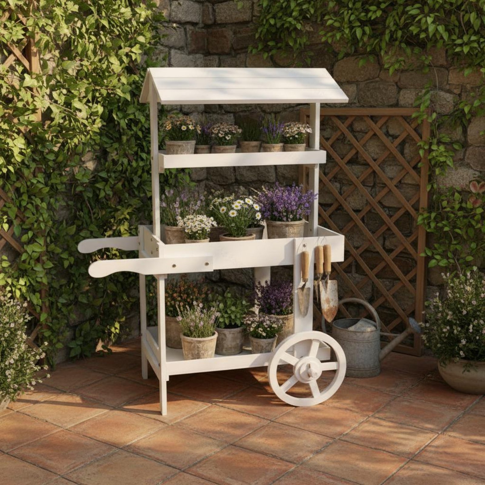 Troli Bunga Kayu Roda Dekorati - Home Decor Flowers ulasan dan harga