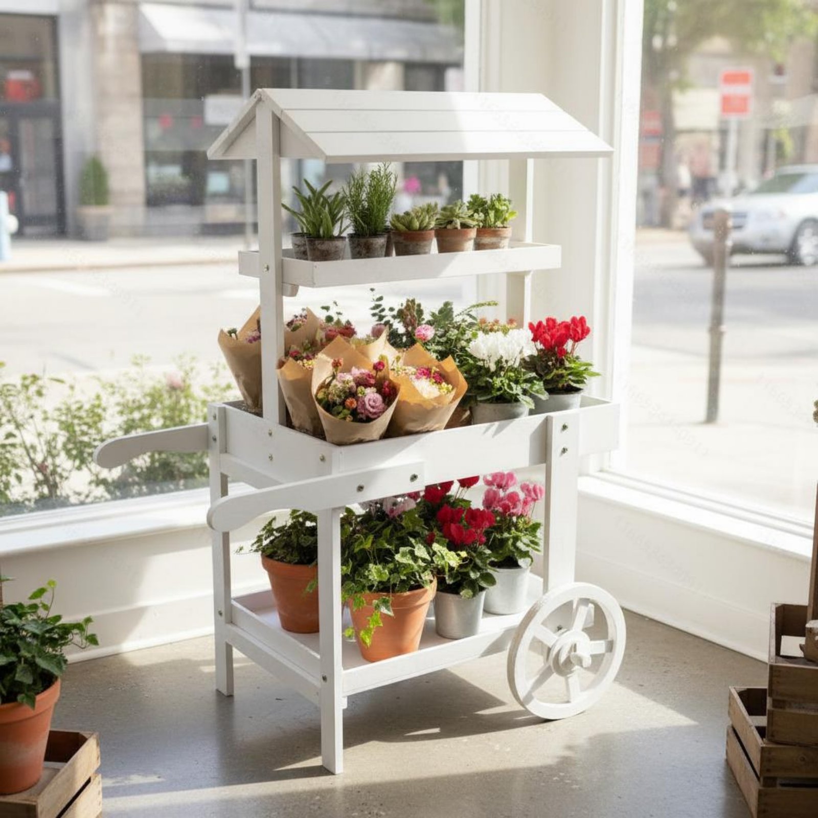 Troli Bunga Kayu Roda Dekorati - Home Decor Flowers ulasan dan harga
